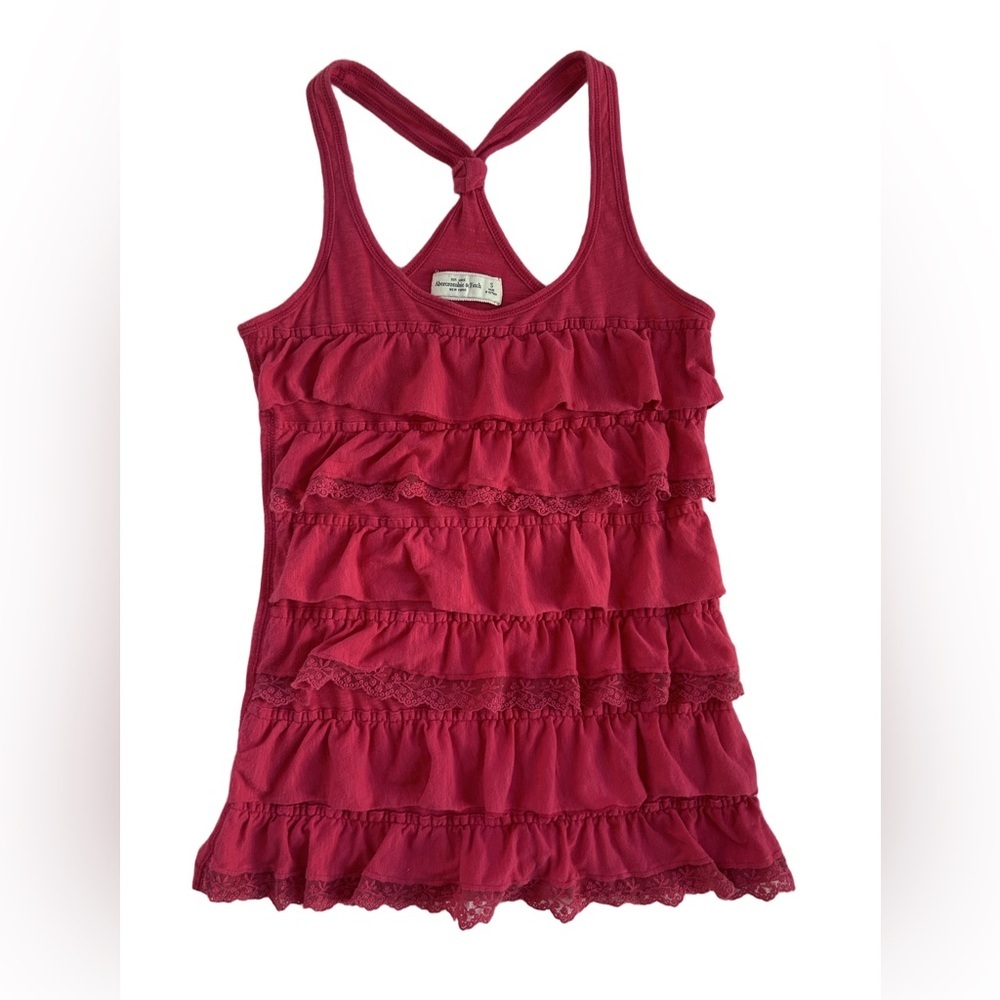 Y2K vintage Abercrombie & Fitch pink tiered eyelet ruffle racerback tank top S - Picture 4 of 8